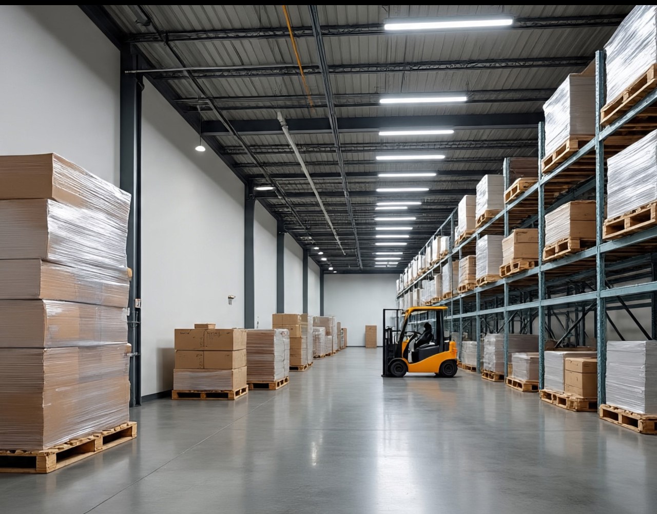Modern warehouse facility with global shipping containers.