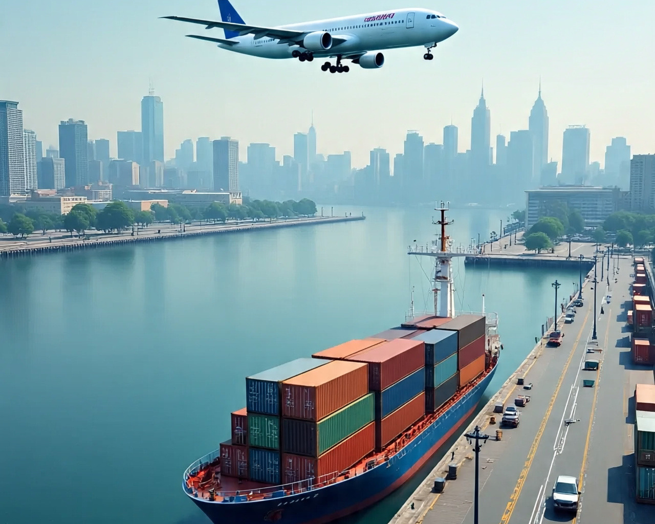 Air freight logistics with a cargo plane loading goods at the airport.