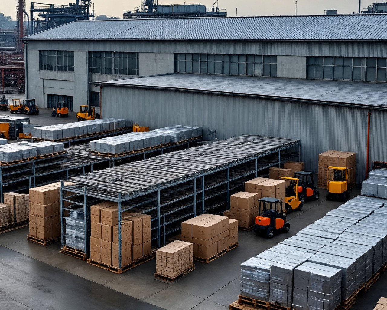 Inside view of a large distribution warehouse with pallets and forklifts.