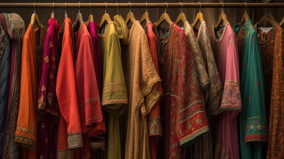 Various Indian garments including sarees, kurtas, and western wear